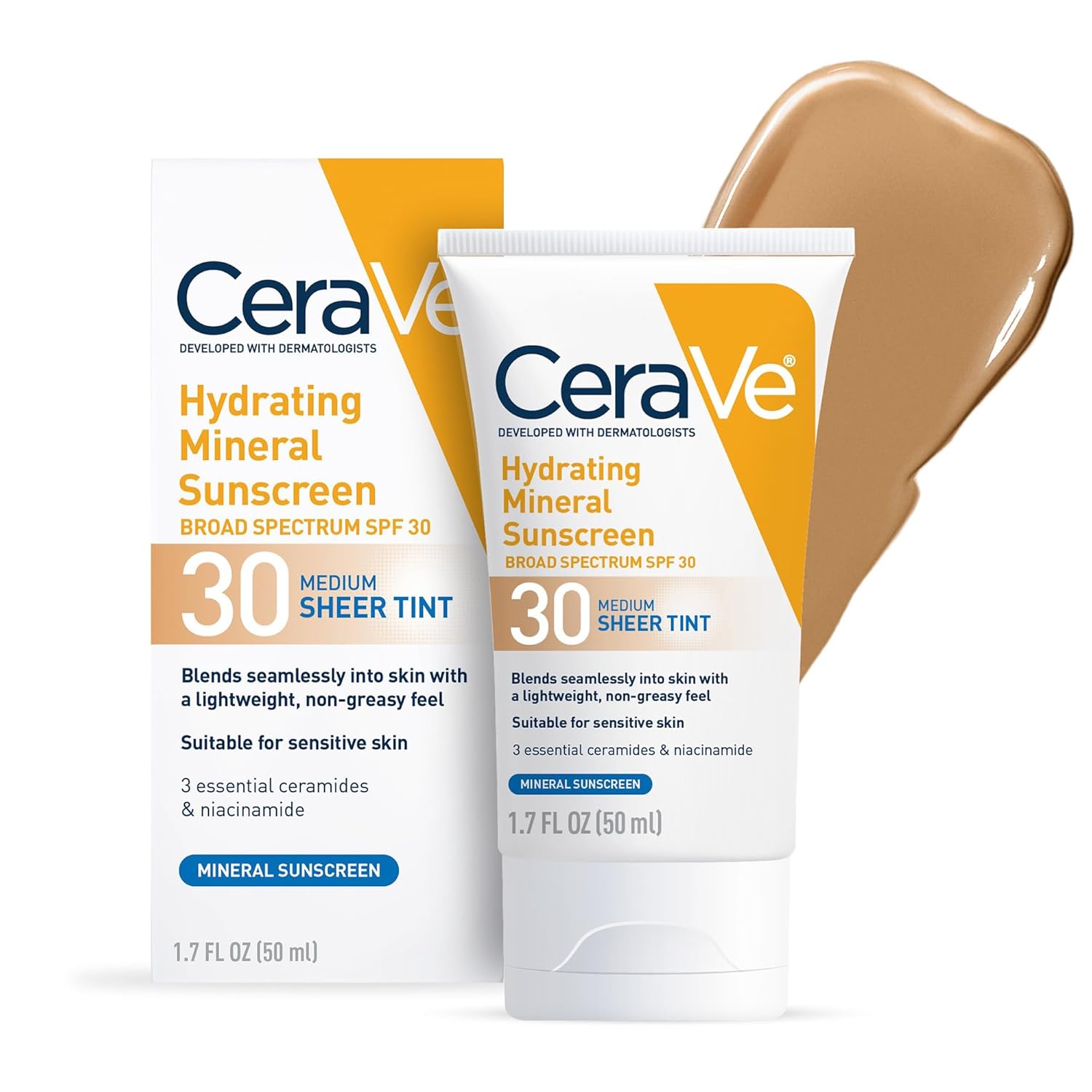 CeraVe Hydrating Mineral Sunscreen SPF 30 with Sheer Tint, Tinted Mineral Sunscreen with Zinc Oxide & Titanium Dioxide, Blends Seamlessly For Healthy Glow, 1.7 Fluid Ounce 24hrsmart